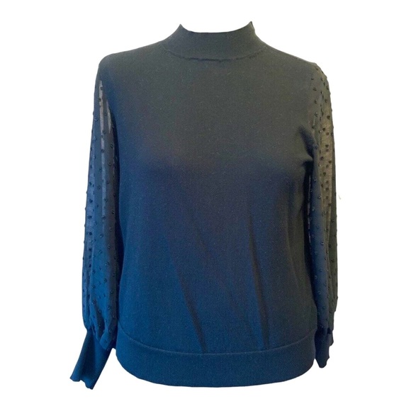 VINCE CAMUTO Sz L Black Mock Neck Sweater Sheer Swiss Dot Balloon Sleeves - Picture 1 of 9